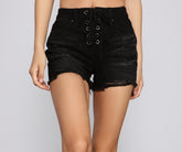 Short en jean taille haute à lacets